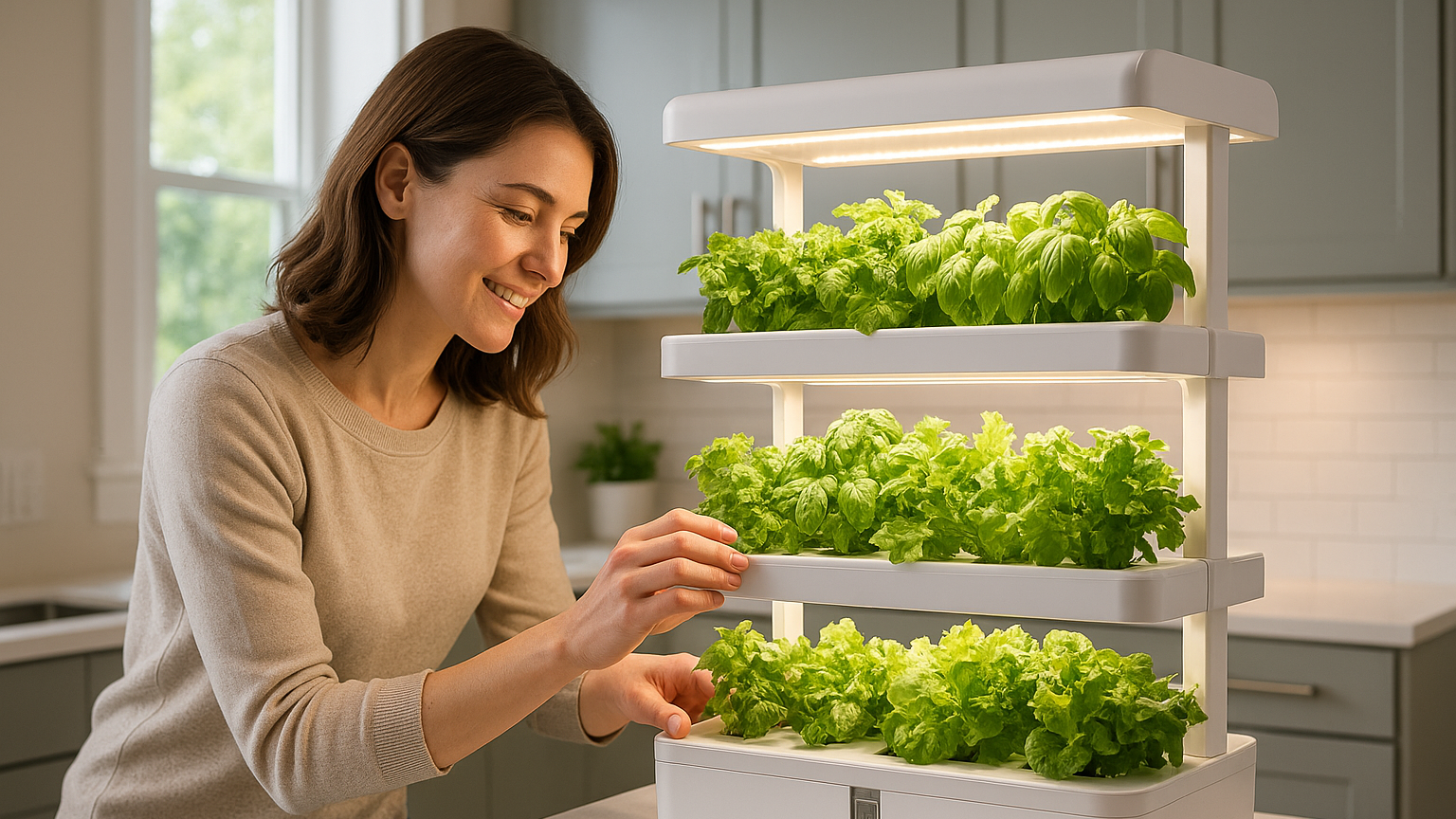 Laat zien dat een vrouw in haar keuken Hydroponics Growing System for Indoor Garden aan het verzorgen is